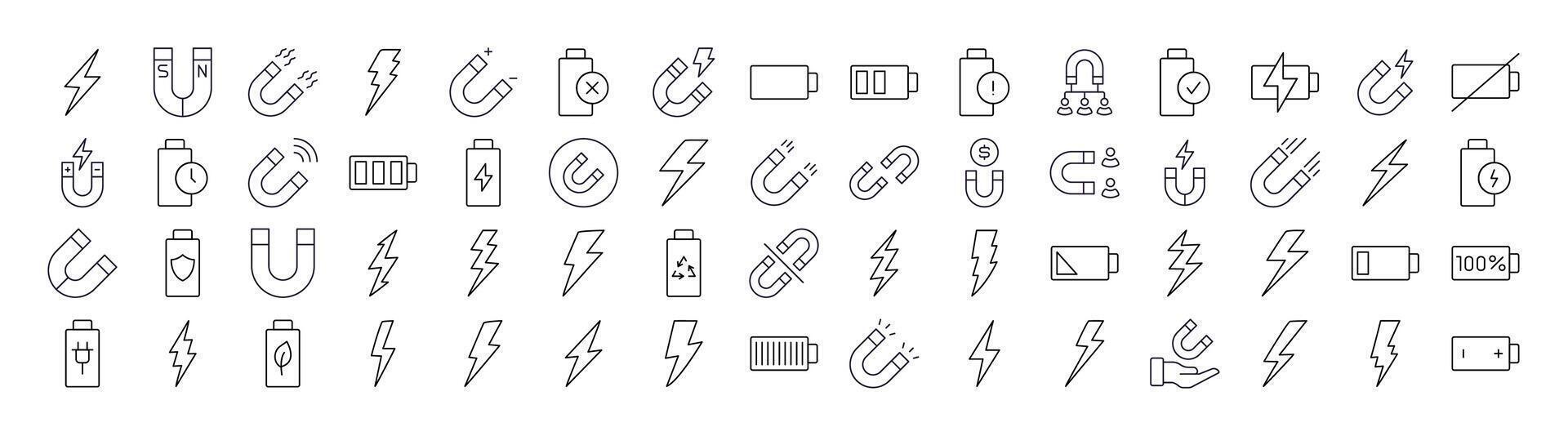 Magnet, Battery, Lightning Thin Line Icon Set. Outline Signs for Graphic and Web Design, Apps, Adverts, Various Cards vector