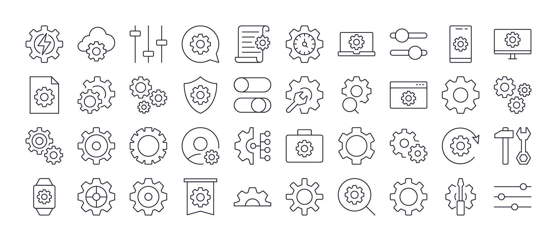 Cogwheel and Gear Bundle of Thin Icons. Editable Stroke. Perfect for Web Sites, Books, Cards, Apps vector