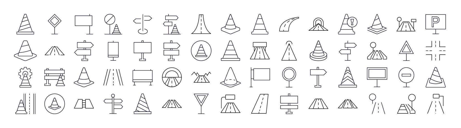 Road, Path, Traffic Cone Thin Line Icon Set. Outline Signs for Graphic and Web Design, Apps, Adverts, Various Cards vector