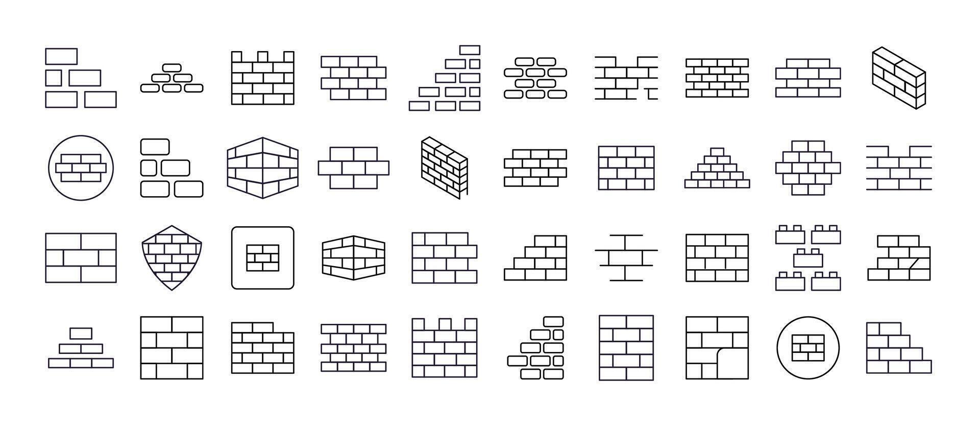 Building Thin Line Icon Set. Brick Wall Outline Signs for Graphic and Web Design, Apps, Adverts, Various Cards vector