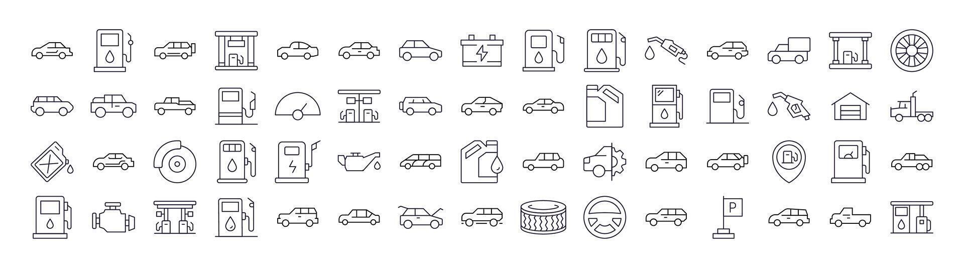 Car, Gas Station, Road Line Icon Pack. Outline Signs for Graphic and Web Design, Apps, Adverts, Various Cards vector