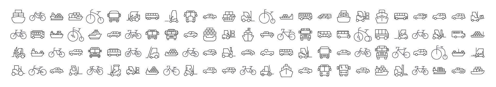 Bus, Ship, Tractor, Bicycle, Car Bundle of Thin Icons. Editable Stroke. Perfect for Web Sites, Books, Cards, Apps vector
