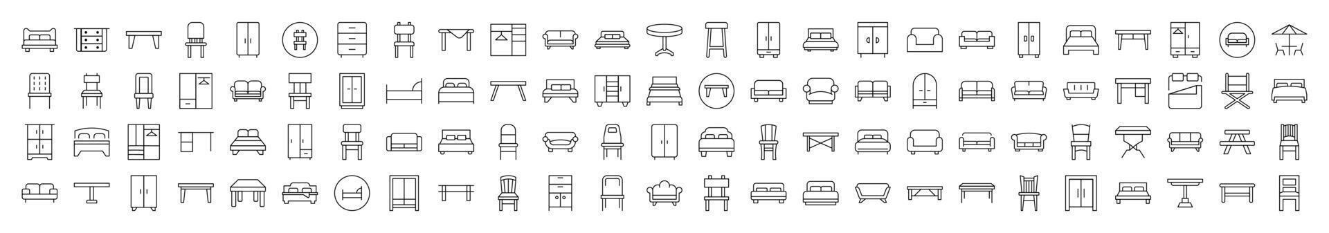 Collection of Signs of Wardrobe, Bed, Sofa, Table, Chair Drawn with Thin Line for apps, web sites, banners, infographics and other types of design vector
