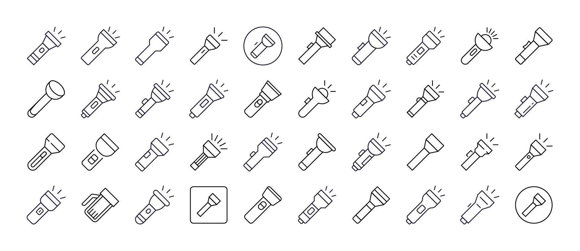 Camping Flashlight Thin Line Icon Set. Outline Signs for Graphic and Web Design, Apps, Adverts, Various Cards vector
