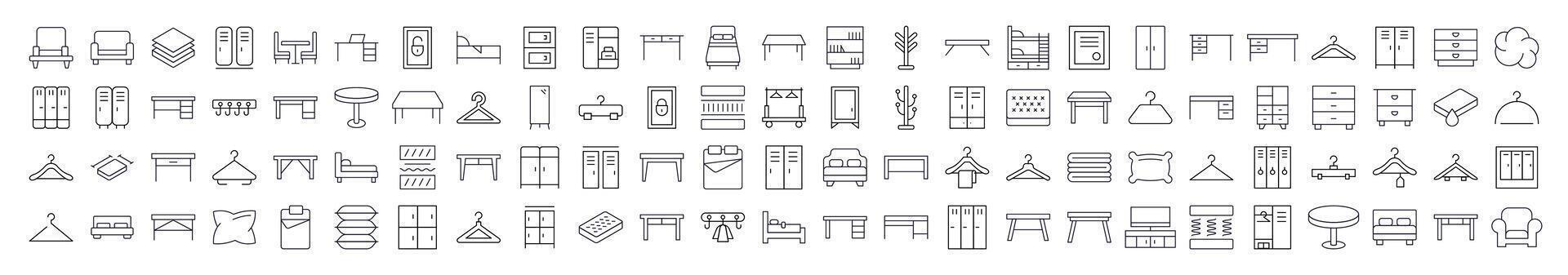 Furniture Icon Collection. Contains Icons of Bed, Table, Mattress, Coat Hook that Can Be Used for Design of Cards, Posts, Apps, Web Sites vector