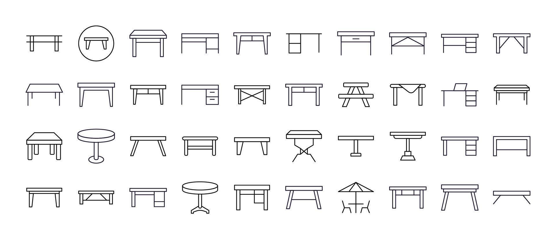 Table for Dinner and Work Line Icon Set. Outline Signs for Graphic and Web Design, Apps, Adverts, Various Cards vector