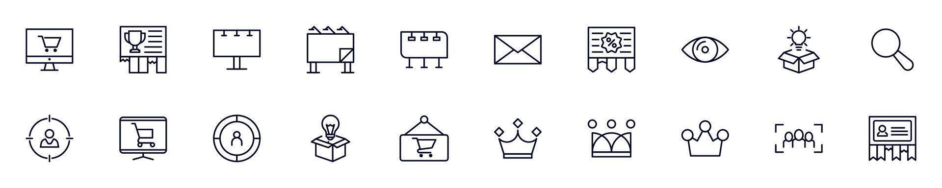 Marketing linear symbols pack. Outline symbol and editable stroke for apps, stores, shops, infographics vector