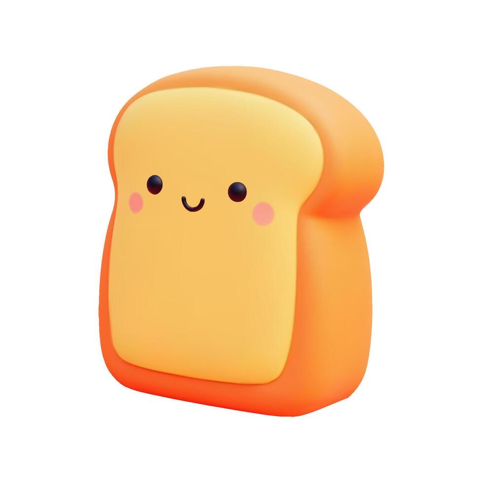 Realistic 3d cartoon slice of bread with a cute face, smiling with rosy cheeks on a plain white background illustration vector