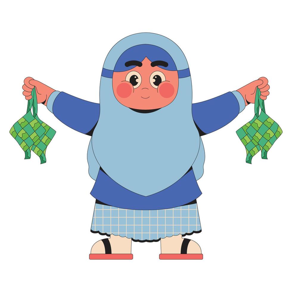 Cute Muslim Girl Holding Ketupat Cartoon Character Illustration vector