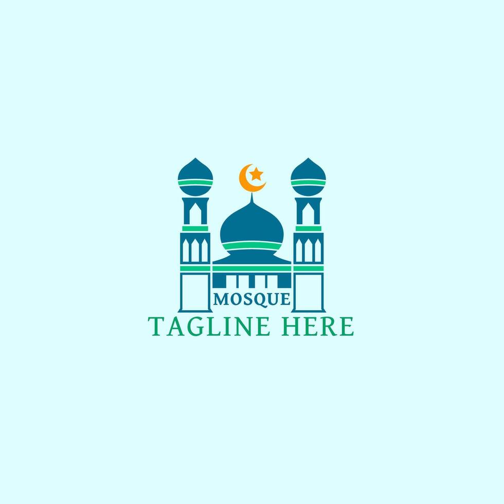 Mosque logo design with two towers in blue and green colors vector