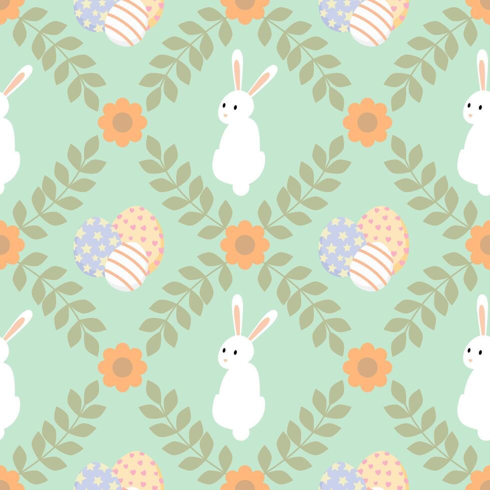 Easter seamless pattern with white bunny, egg, and leaf. vector