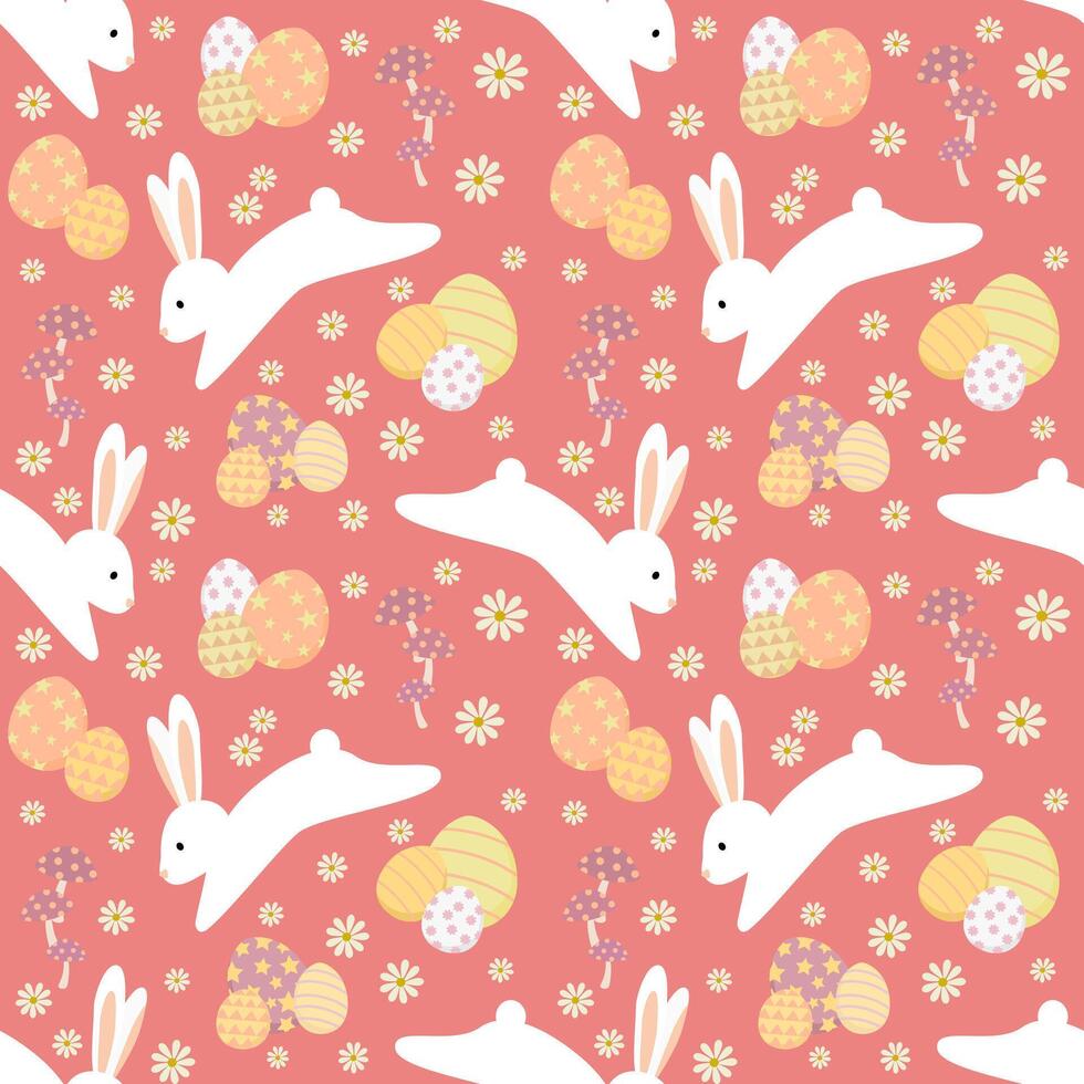 Easter seamless pattern with white bunny and egg on red background. vector