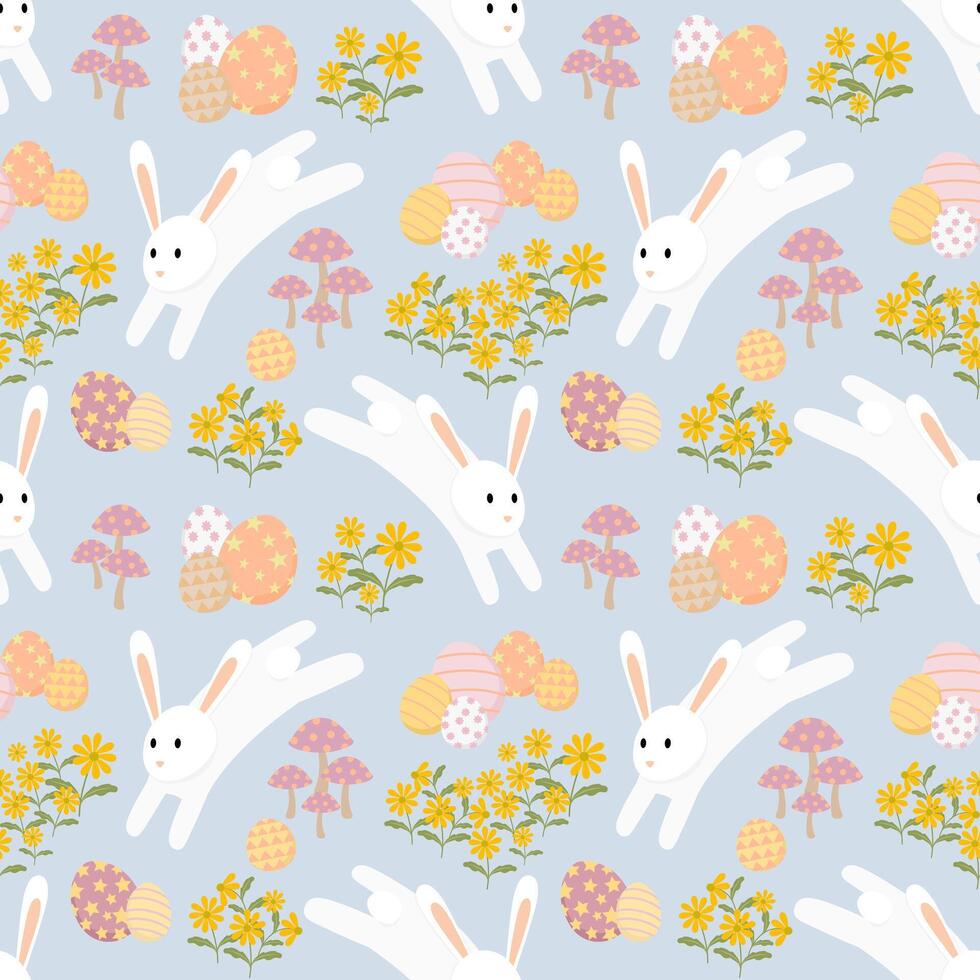 Easter seamless pattern with white rabbit, egg, and flower on blue background. vector