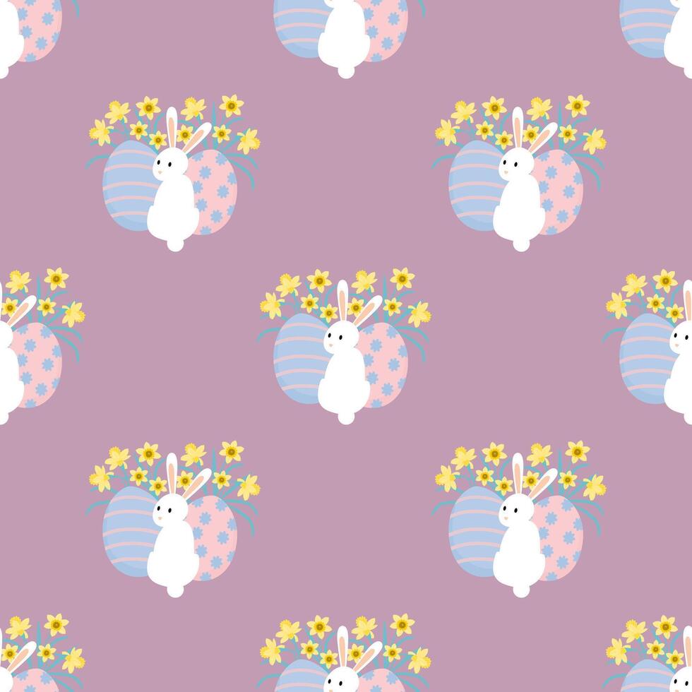 Easter seamless pattern with white bunny and flower on purple background. vector