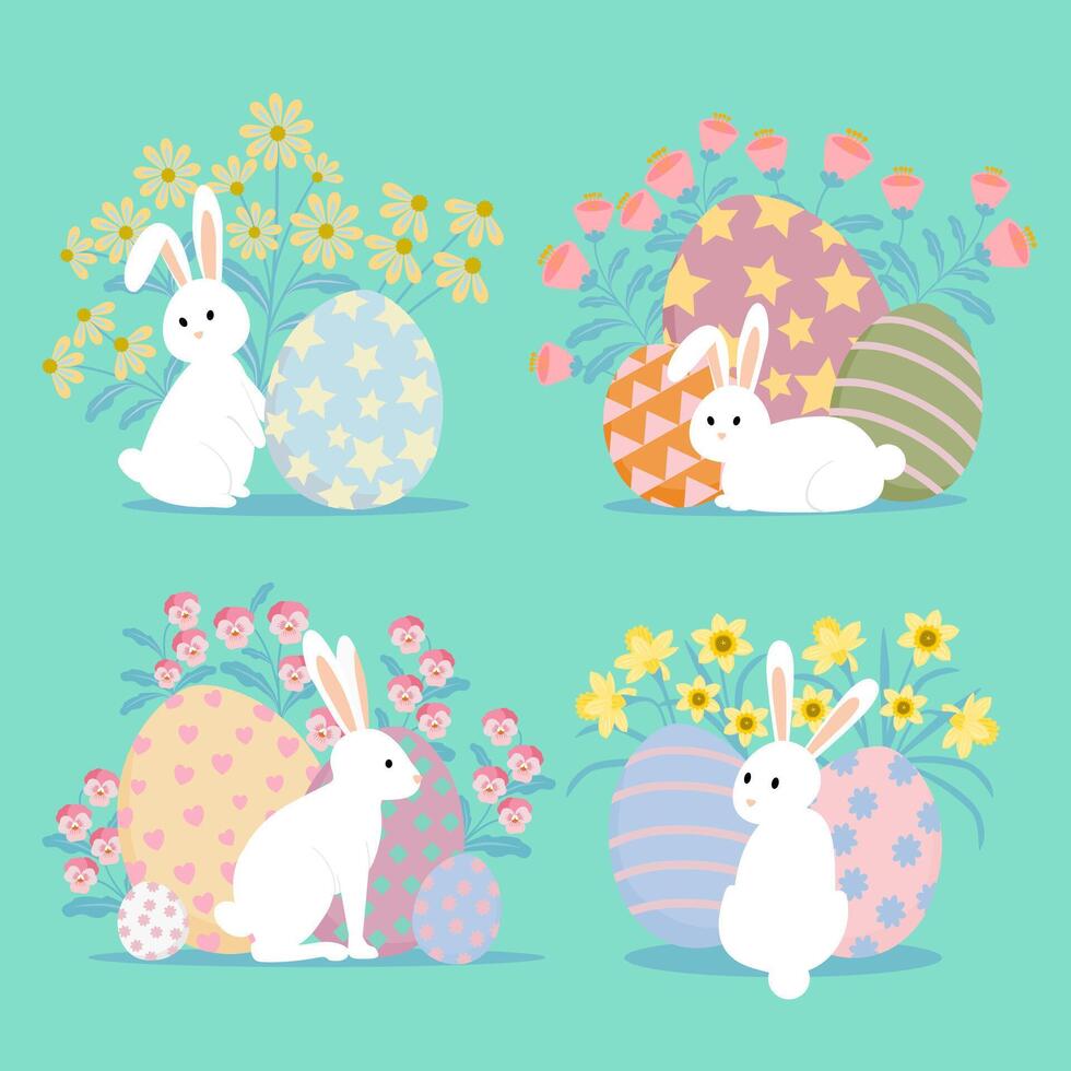 Easter egg with rabbit and flower collection. Flat design. vector