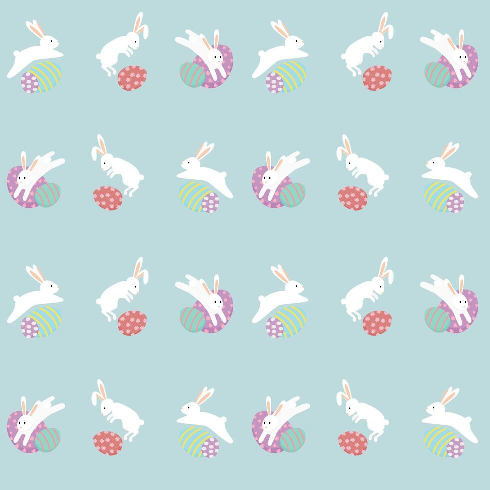Easter seamless pattern. White rabbit jump over colorful eggs. vector
