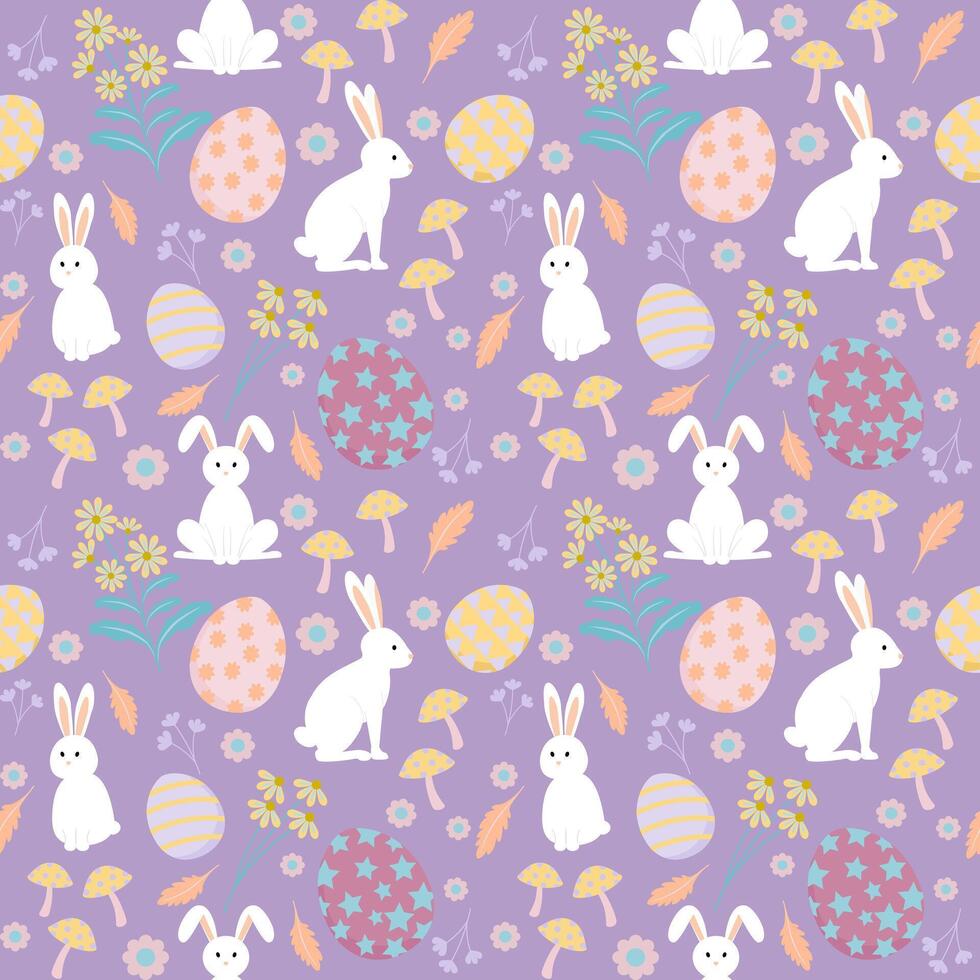 Easter seamless pattern with white rabbit, egg, and flower on purple background. vector