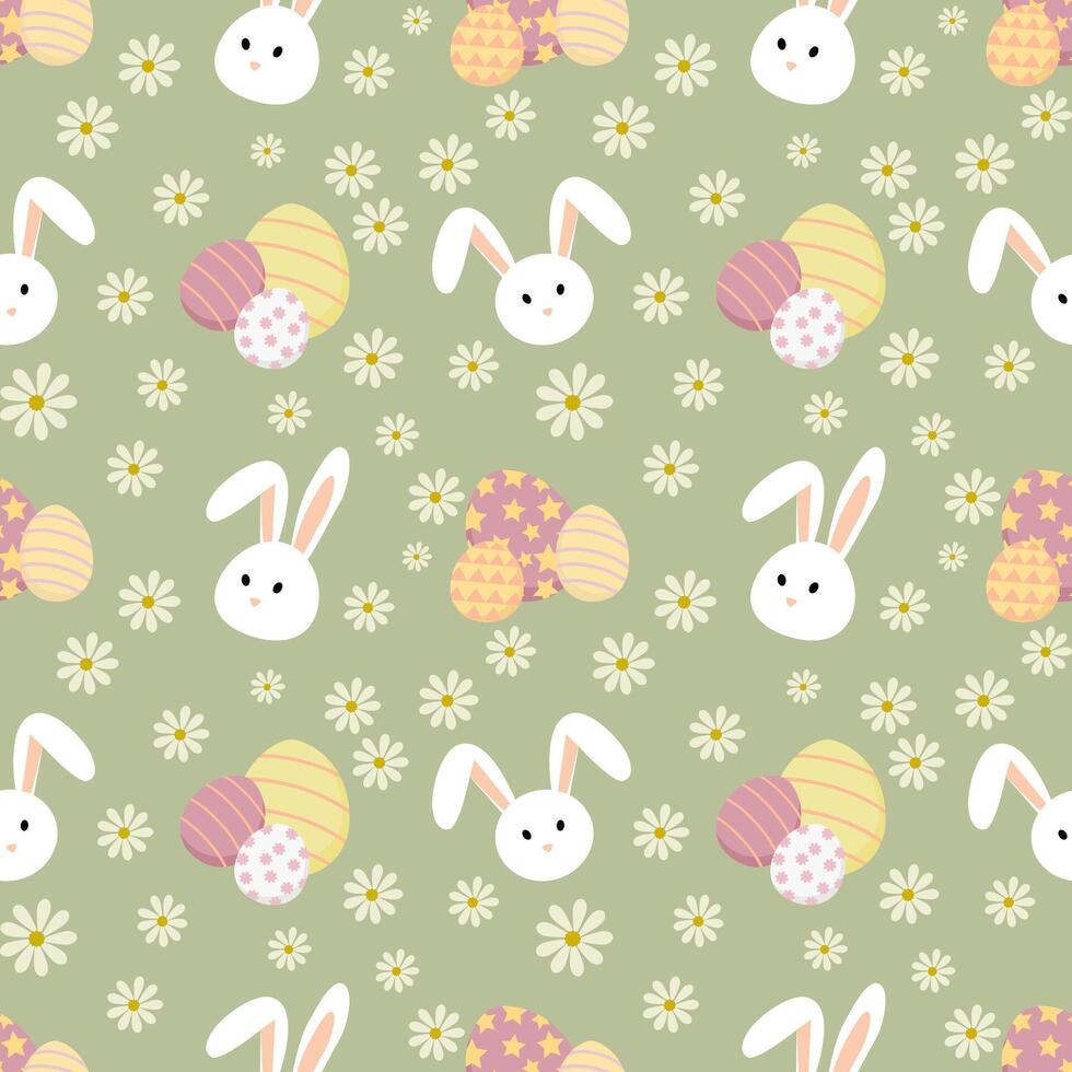 Easter seamless pattern with rabbit head on green background. vector
