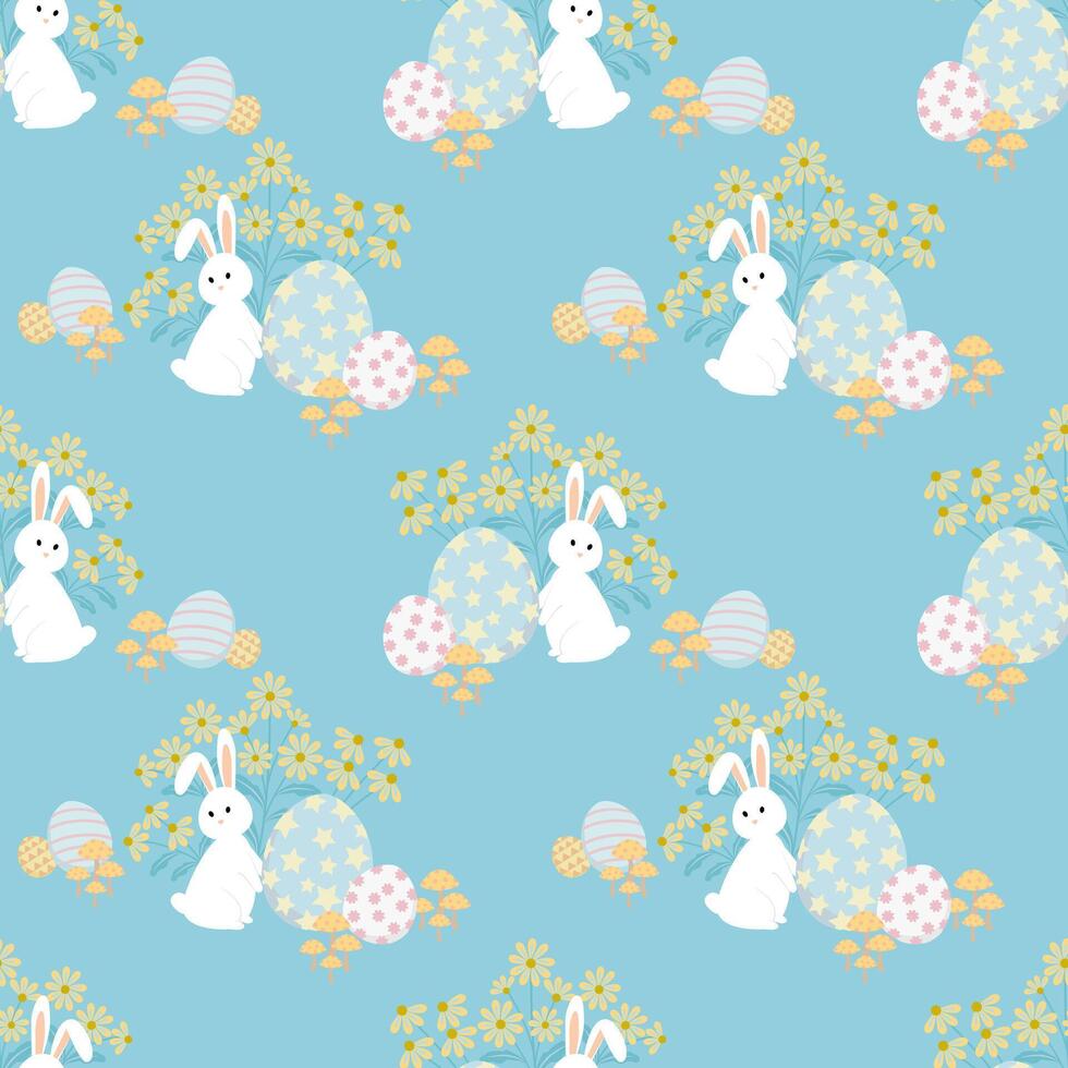 Easter seamless pattern with white rabbit and flowers. vector