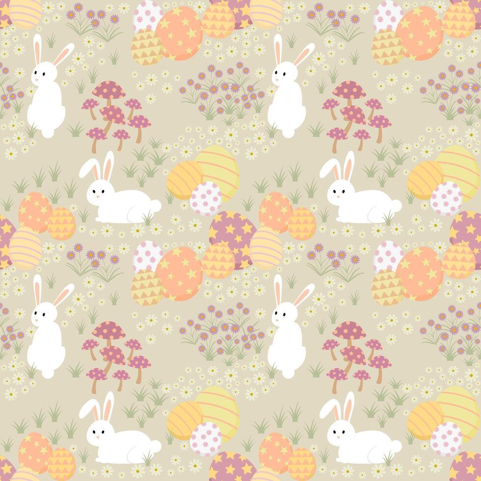 Easter seamless pattern background. Bunnies and eggs in flower field. vector