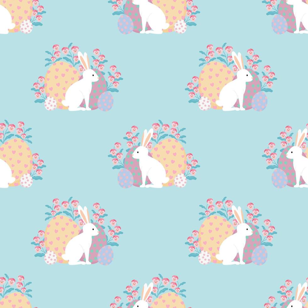 Easter seamless pattern with white rabbit, egg, and flower on pastel blue background. vector