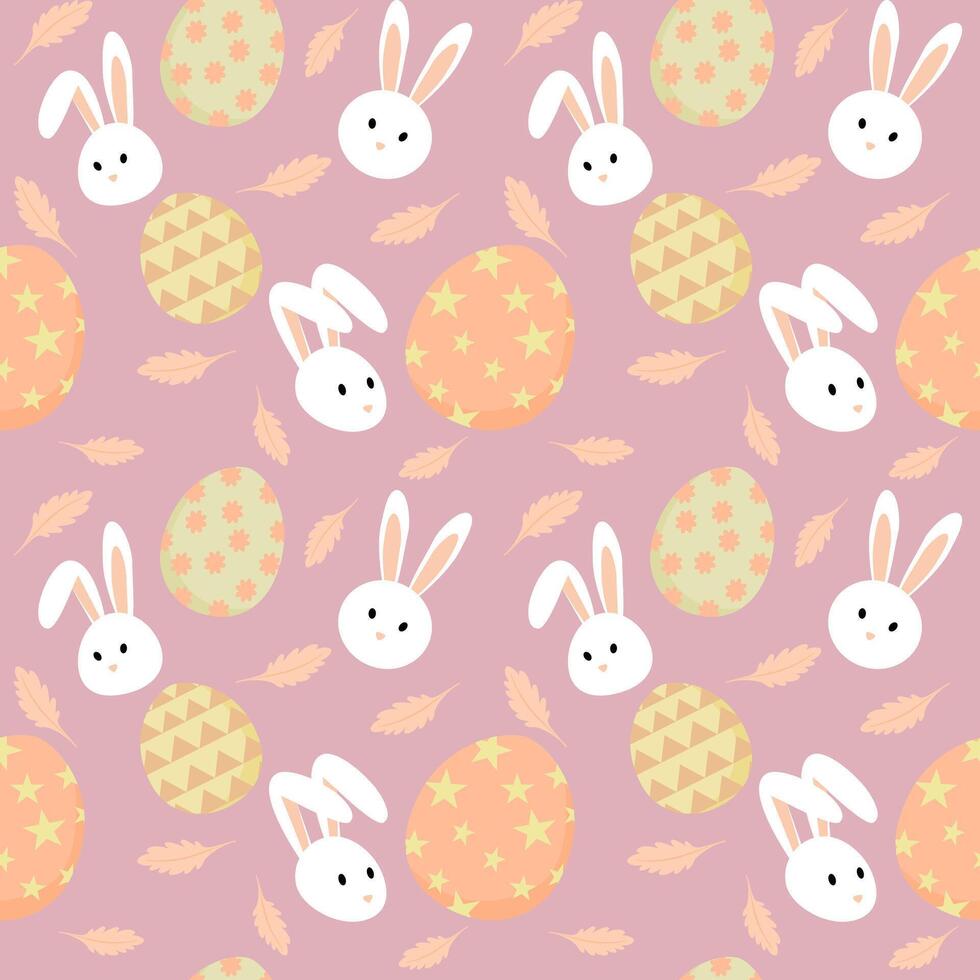 Easter seamless pattern with bunny head, egg, and leaf on purple background. vector