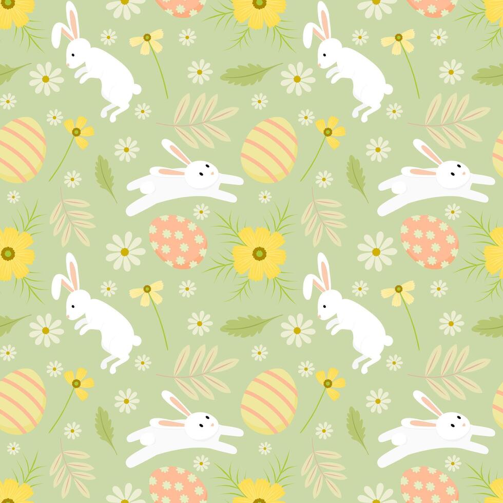 Easter seamless pattern with white bunny run in green meadow. vector