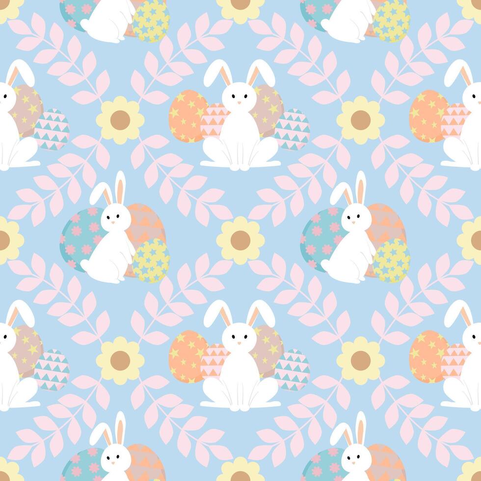 Easter seamless pattern with white rabbit, egg, and leaf on blue background. vector