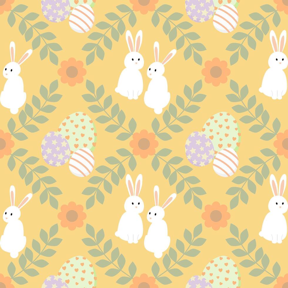 Easter seamless pattern with white bunny, egg, and leaf on yellow background. vector