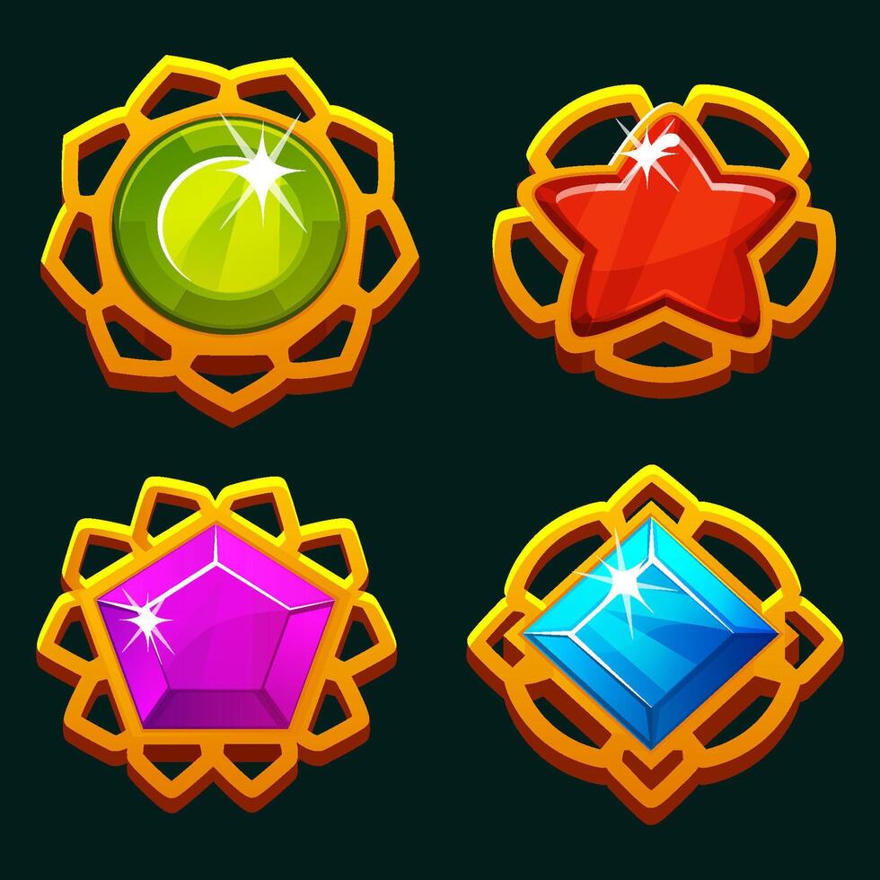 Gem Shapes Set of 4 gemstones, circle, star, square and pentagon. gems object for 2D Game development vector