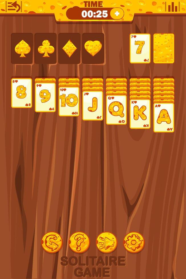 Playing solitaire game UI in Cheese themed, buttons for your Game development. Solitaire Gameplay Screen. Wooden table or background vector