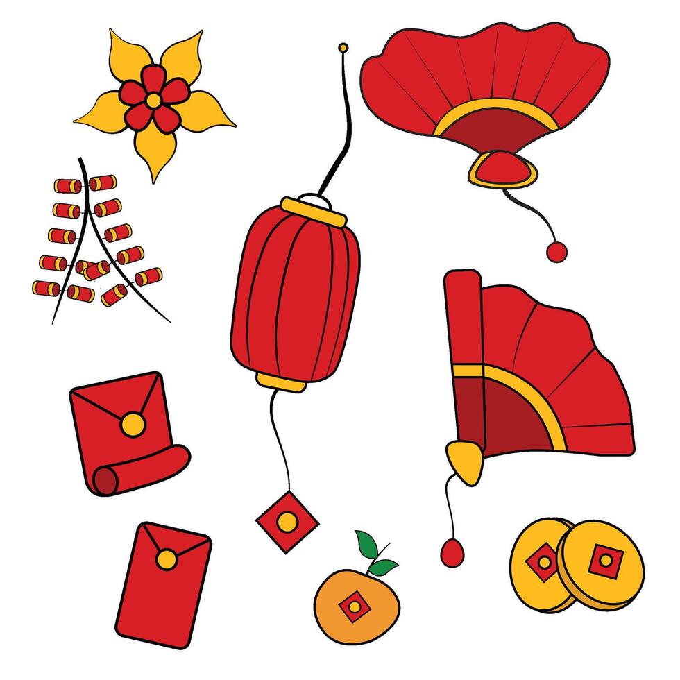 Chinese New Year Icon Set. Lantern, Red Envelope, Gold Coins, Firecrackers vector