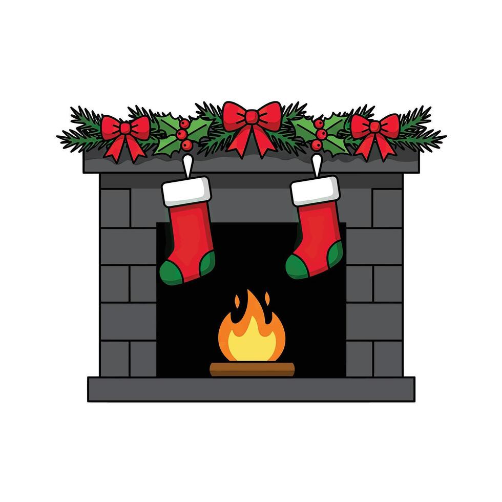 Christmas fireplace with stockings and fire illustration vector