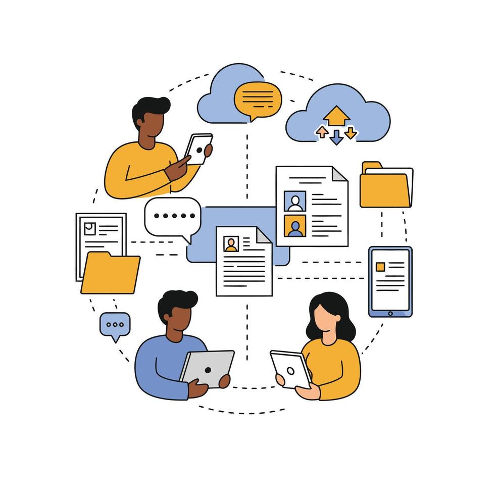 People working on laptops and tablets in a circle vector