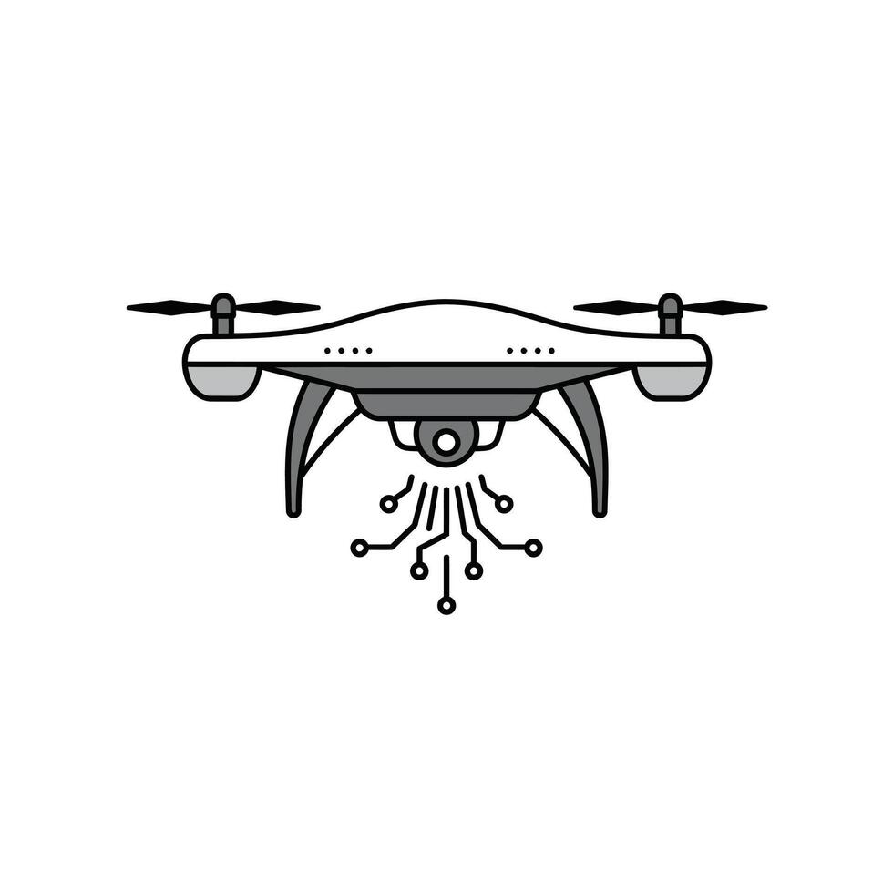 A black and white illustration of a drone flying over a white background vector