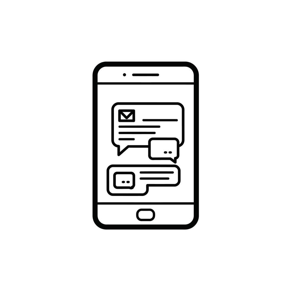 A black and white illustration of a phone with a chat bubble vector