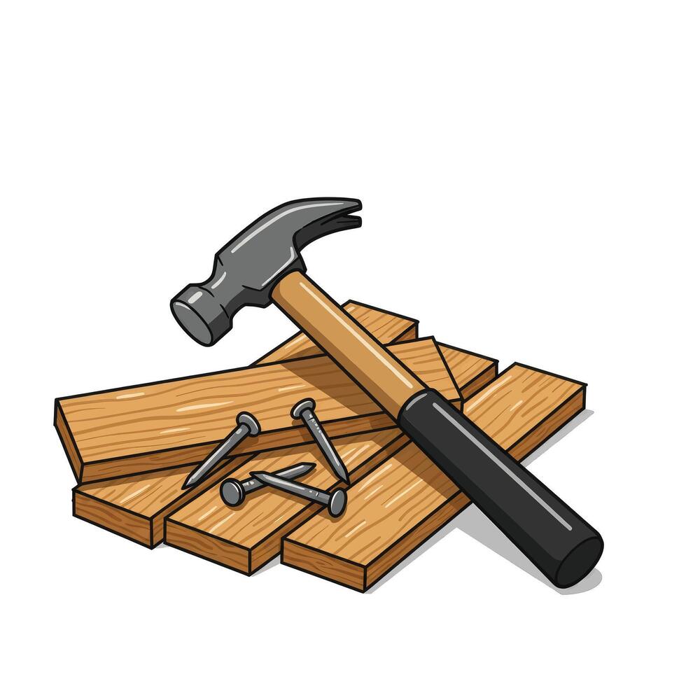 A hammer and nails on a wooden plank vector