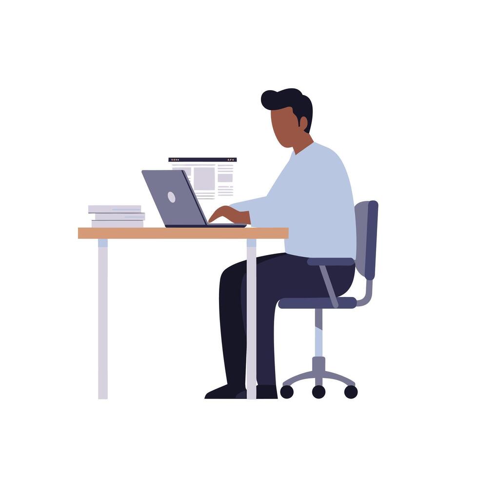 Man working at desk with laptop on white background vector