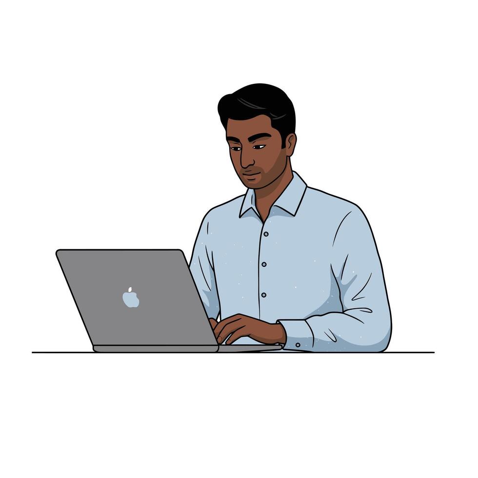 A man in a shirt is working on a laptop vector