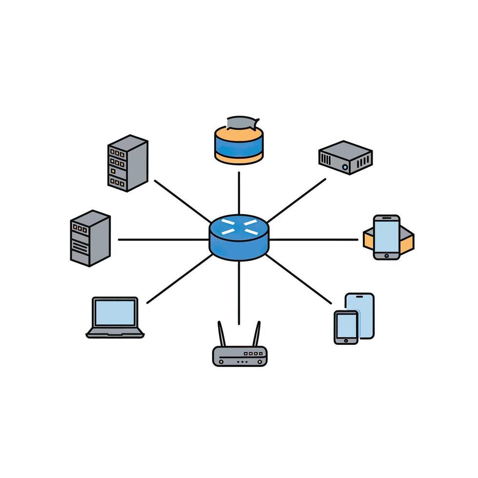 A diagram of a network with various devices connected to it vector