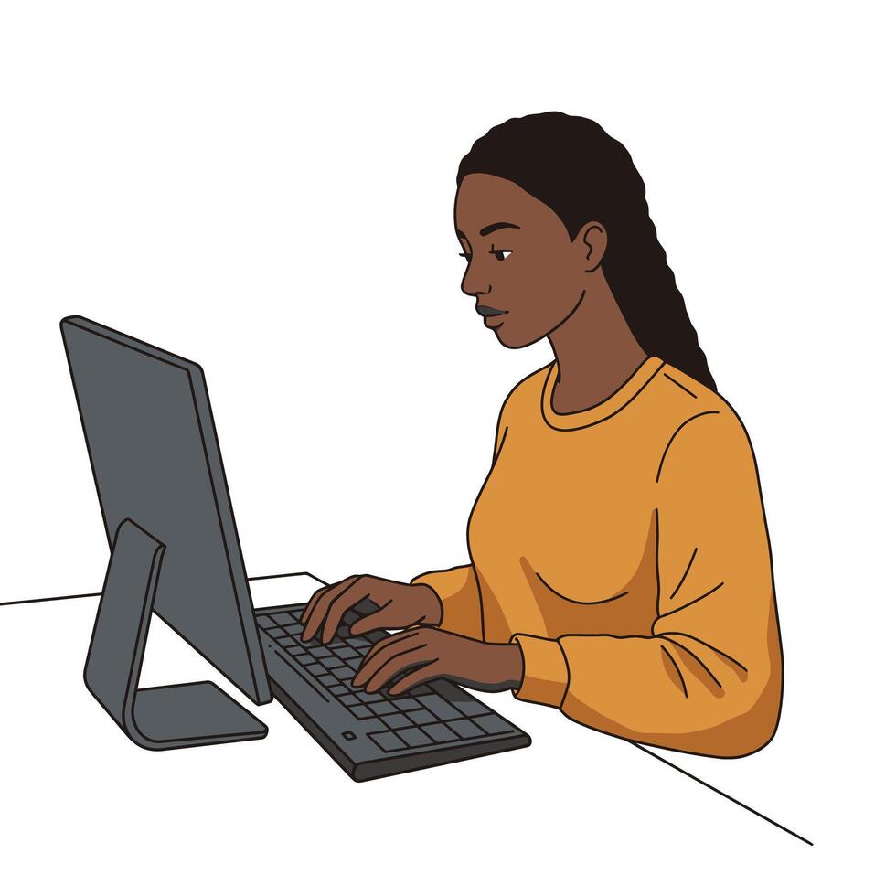 An illustration of a woman working on a computer vector