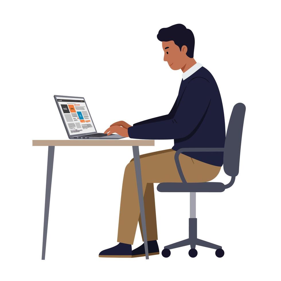 Man sitting at desk with laptop on white background vector