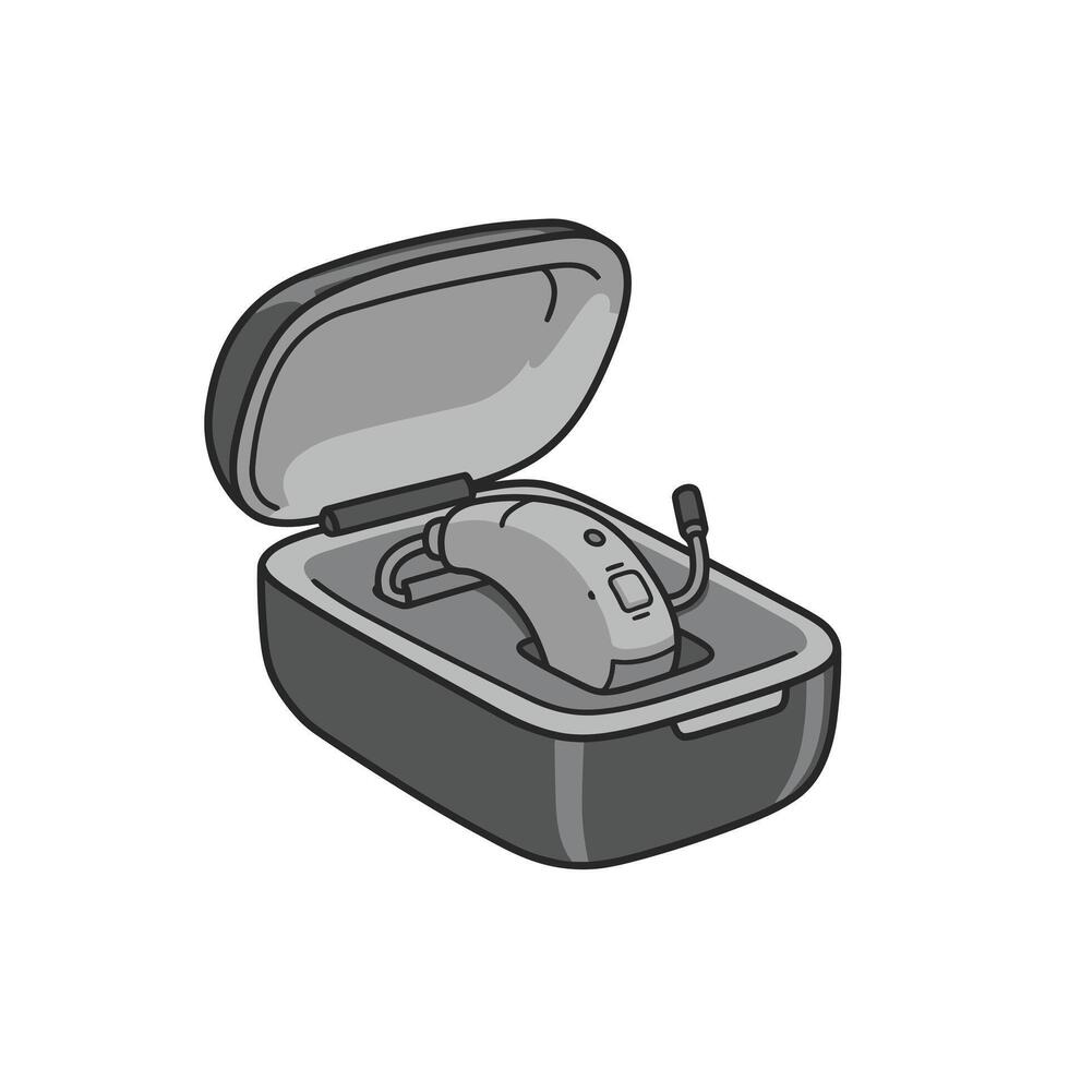 A black and white image of a hearing aid in a case vector