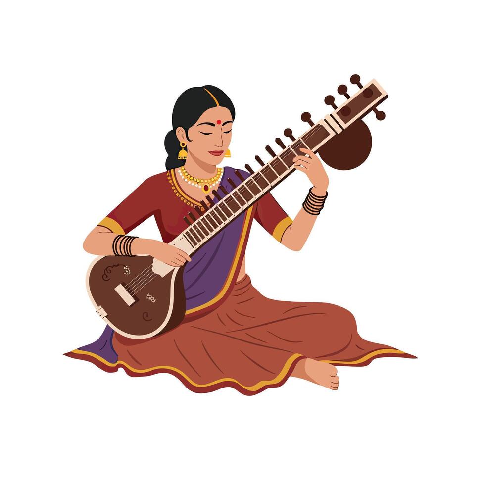 Indian woman playing sitar on white background vector