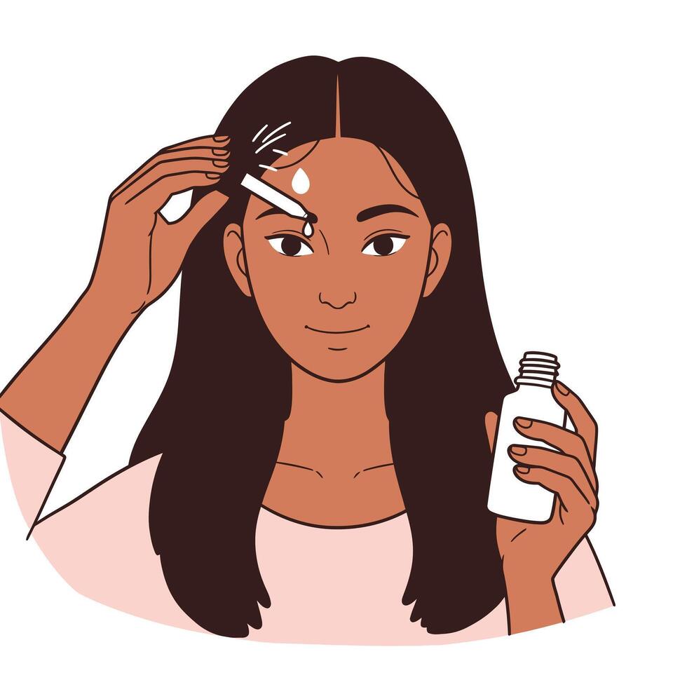 A woman is using a bottle of hair product vector