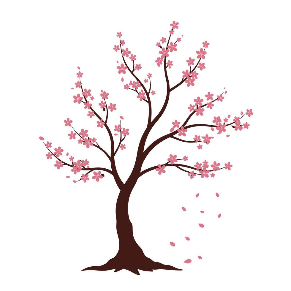A tree with pink flowers and leaves on it vector
