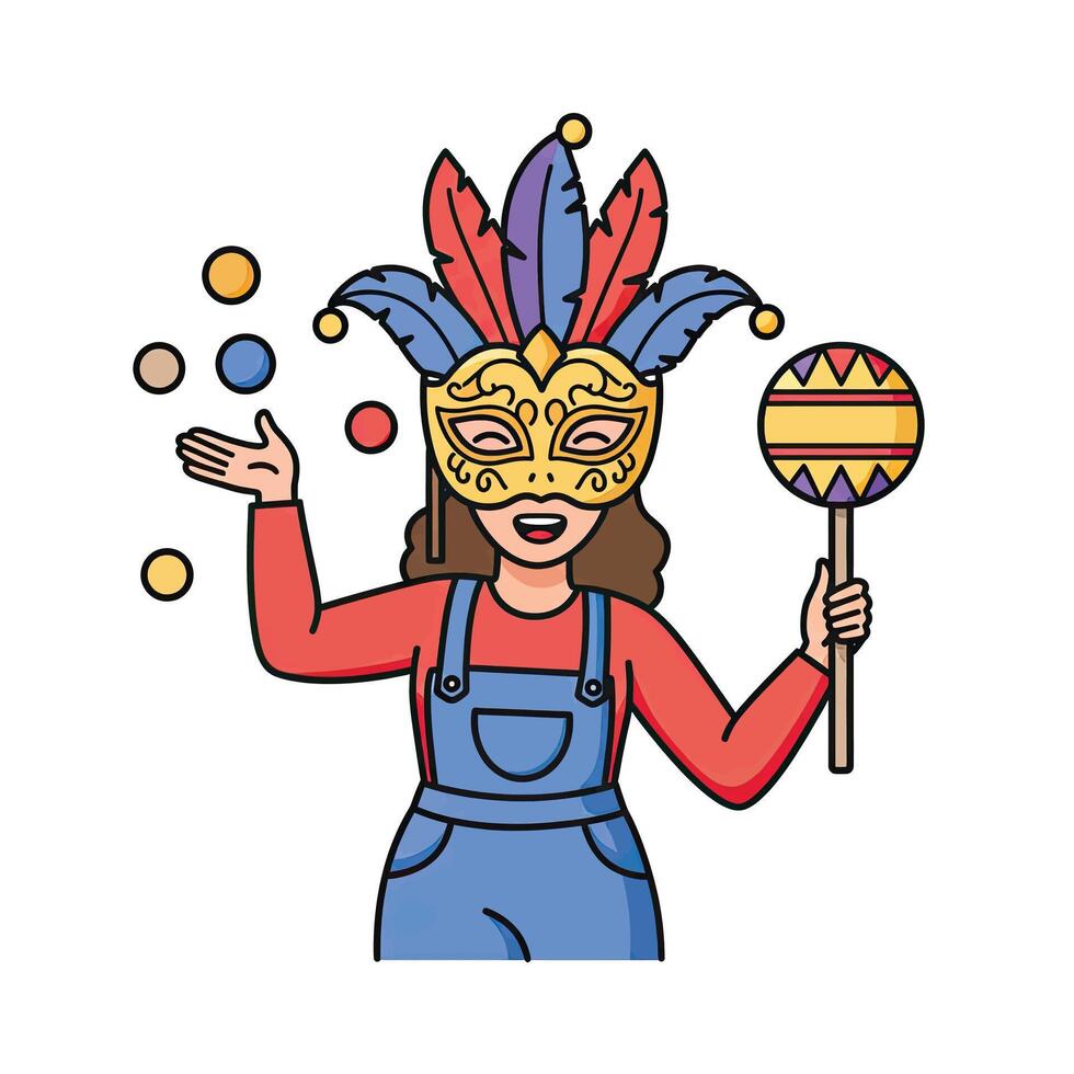 A woman in a clown mask holding a ball and a lollipop vector