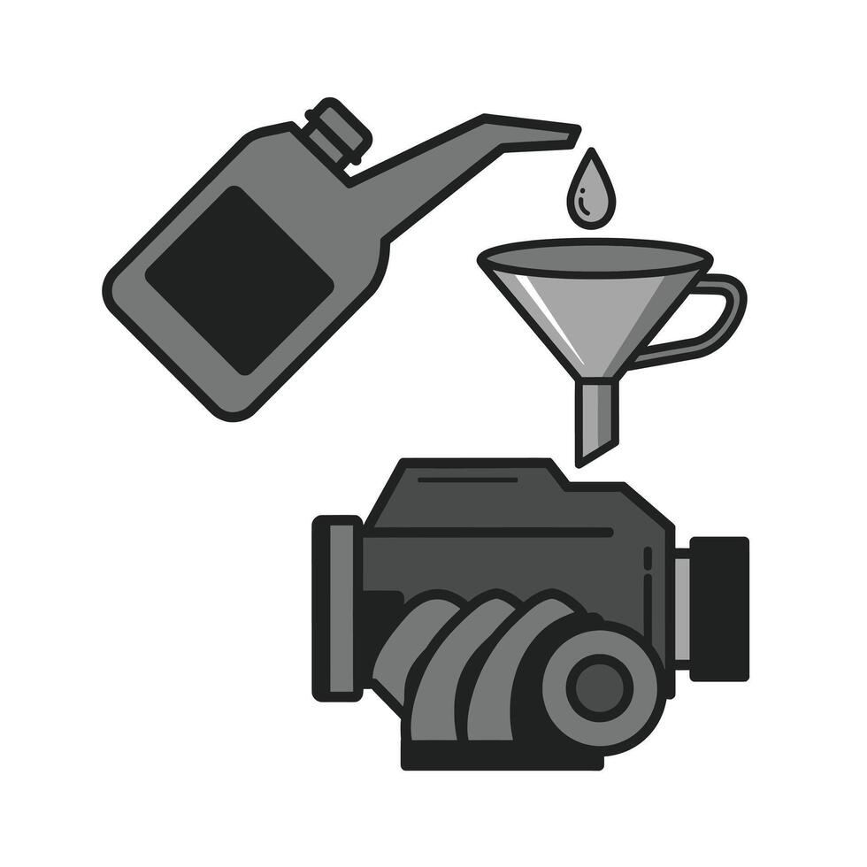 A camera and a funnel are next to a bottle of oil vector