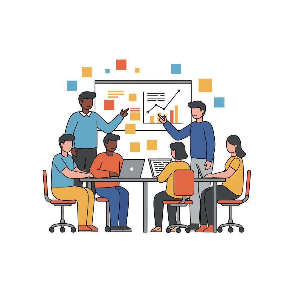 People in a meeting room with a whiteboard vector