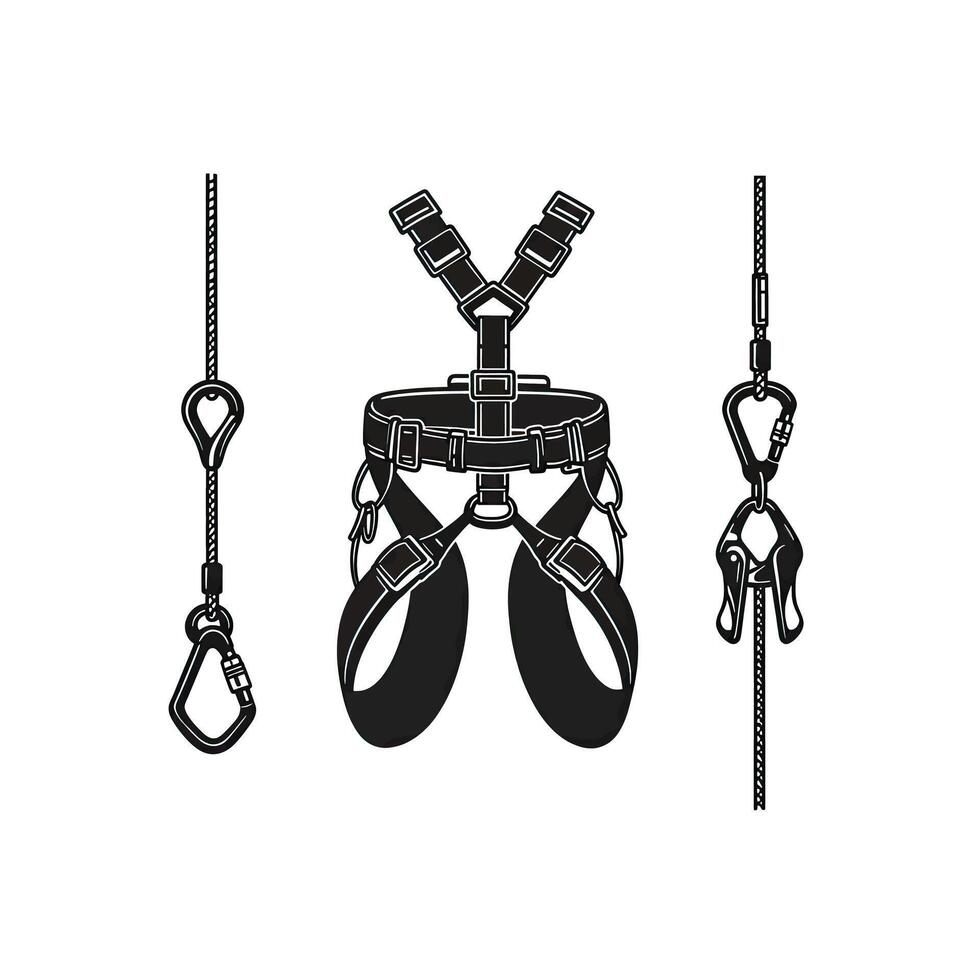A set of climbing equipment including a harness and a rope vector